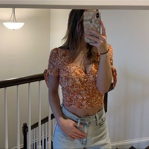 Orange tan floral button up blouse